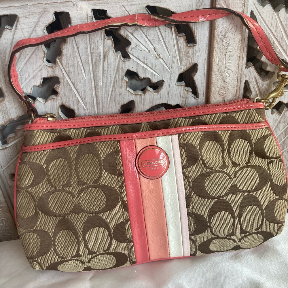 Coach Signature Brown and Pink Large Wristlet